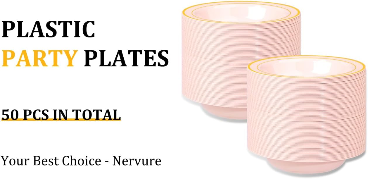 Nervure 50 Pack Pink Plastic Bowls with Gold Rim