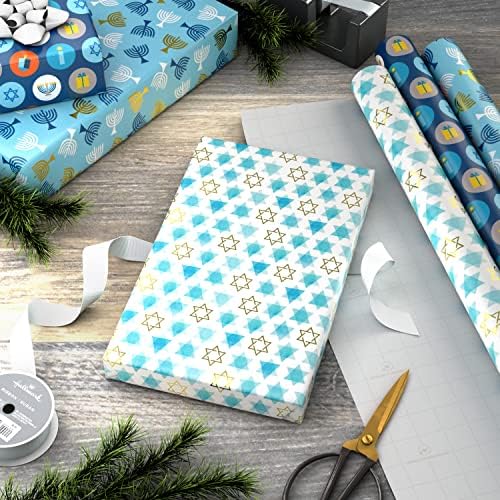 Hallmark Hanukkah Wrapping Paper with Cutlines Blue Gold Star of David