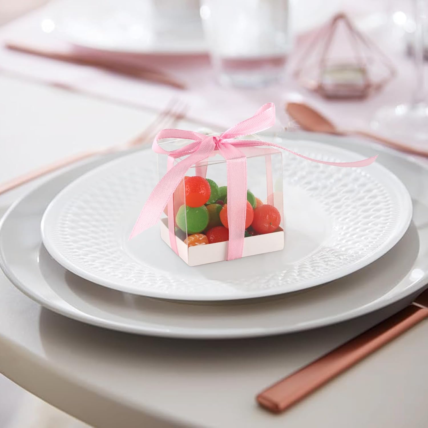 Hxezoc 50 Pack Clear Candy Favor Boxes with Pink Ribbons 2x2x2 Inches