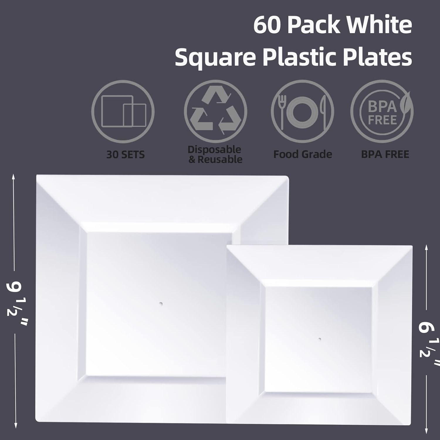 Goodluck 60 Pack Disposable Square Plates - 95 and 65 White