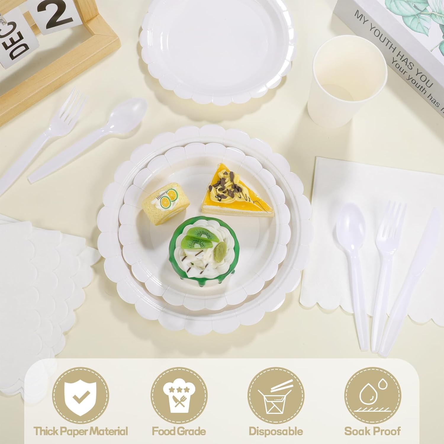 175 Pcs White Party Supplies Set with Plates Cups Napkins Cutlery