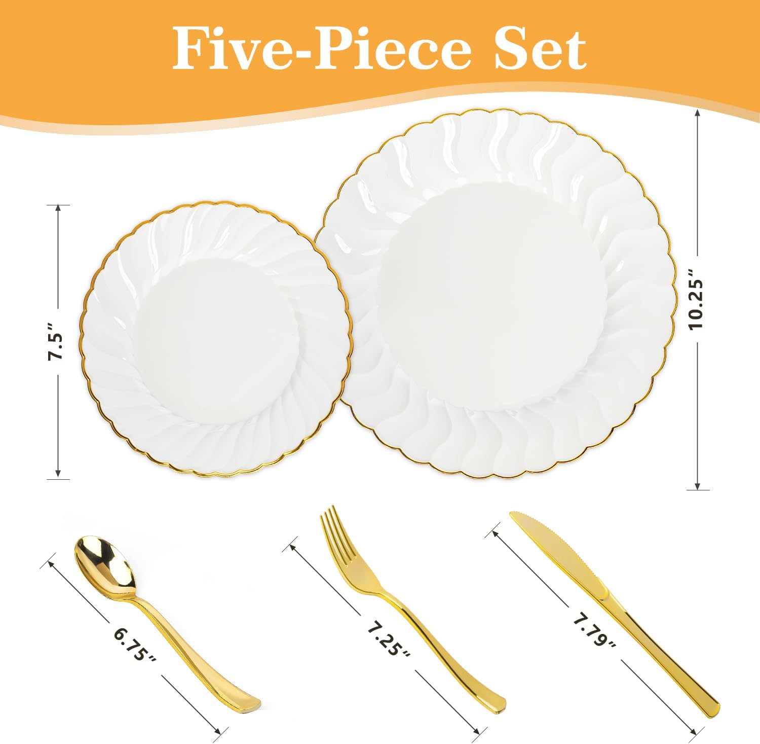 Lzerking 125 Pcs Ivory Scalloped Disposable Plates with Gold Rim Set