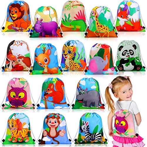 Gerrii 32 Piece Jungle Animal Drawstring Bags for Kids Birthday Party Supplies