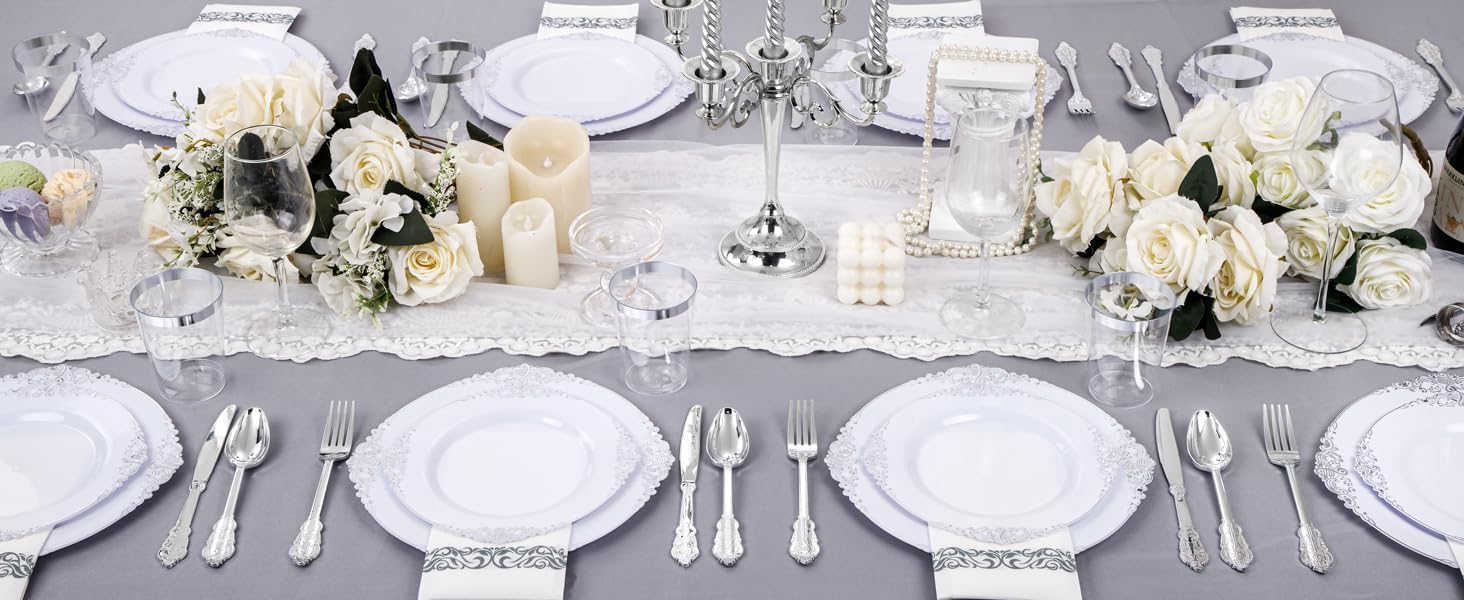 Nervure 350PCS Silver Plastic Dinnerware Set