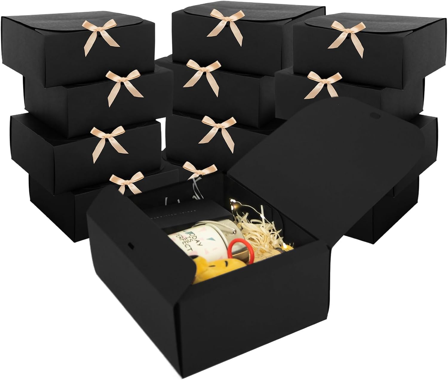 12 Pack Black Gift Boxes with Lids and Ribbons