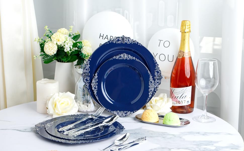 Hioasis 350pcs Blue and Silver Plates Set for 50 Guests