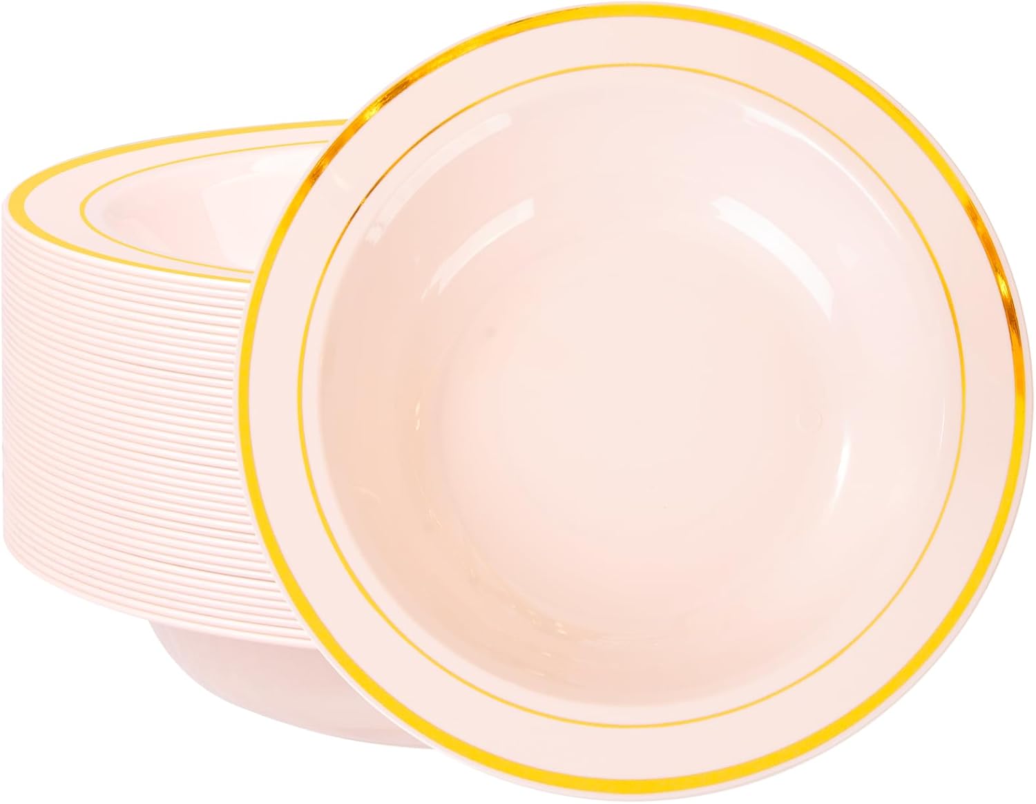 Nervure 50 Pack Pink Plastic Bowls with Gold Rim