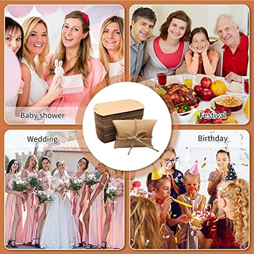 Kraft Paper Pillow Candy Box 60 Pcs with Jute Rope