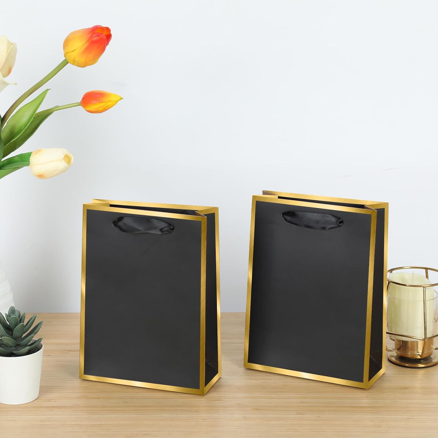 10-Pack Black and Golden Gift Bags with Handles