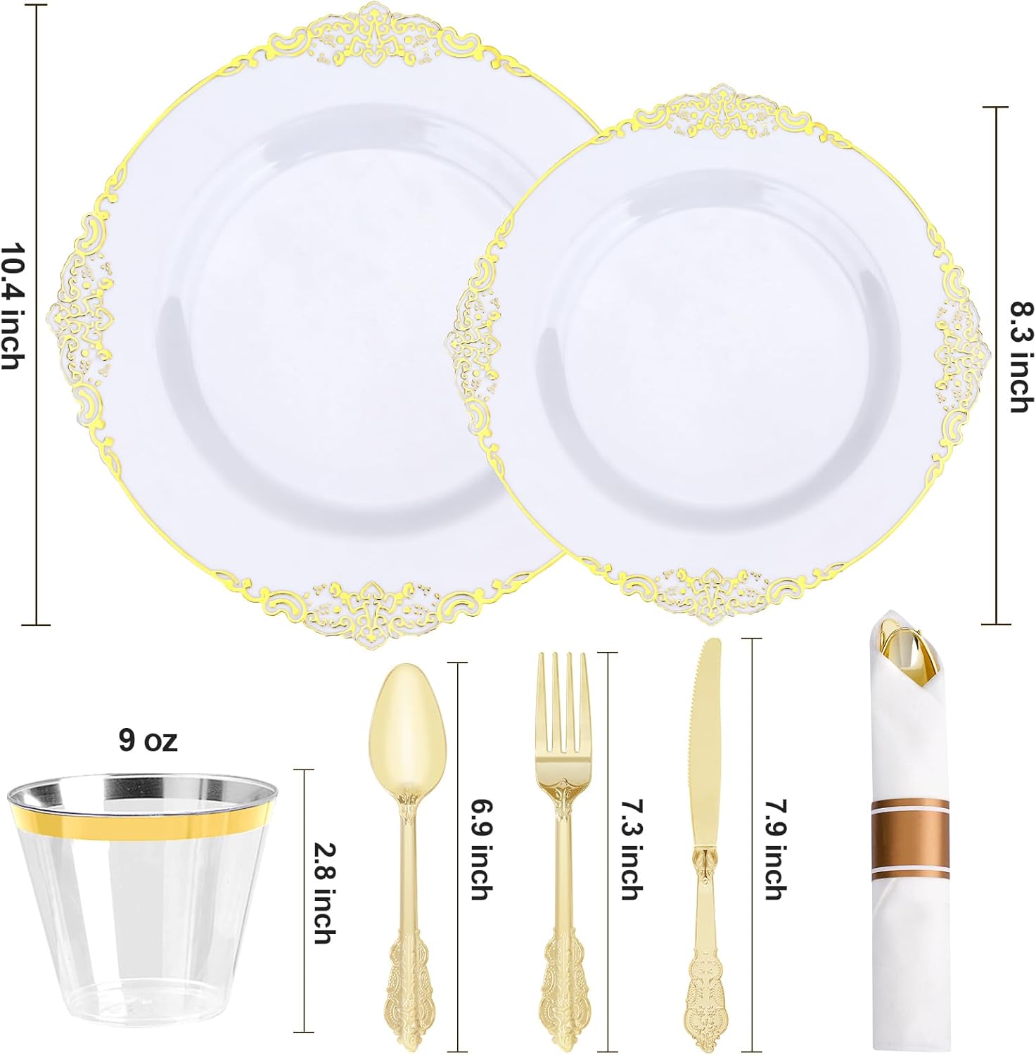 350 PCS White Gold Plastic Plates for 50 Guests