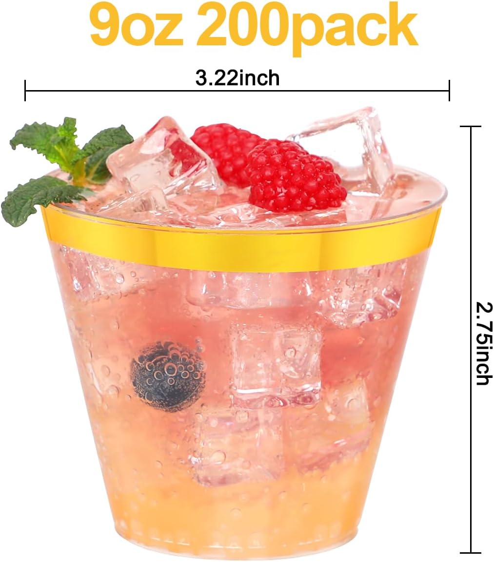200 Pcs Gold Rim Clear Plastic Cups 9 Oz
