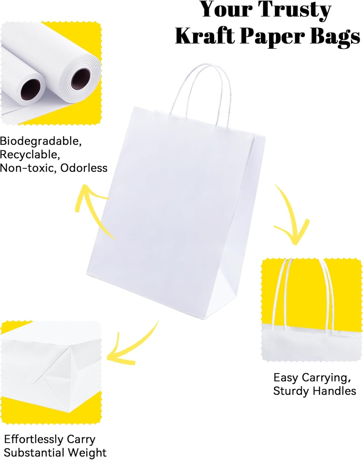 BAG BOX 100 Pack White Gift Bags with Handles