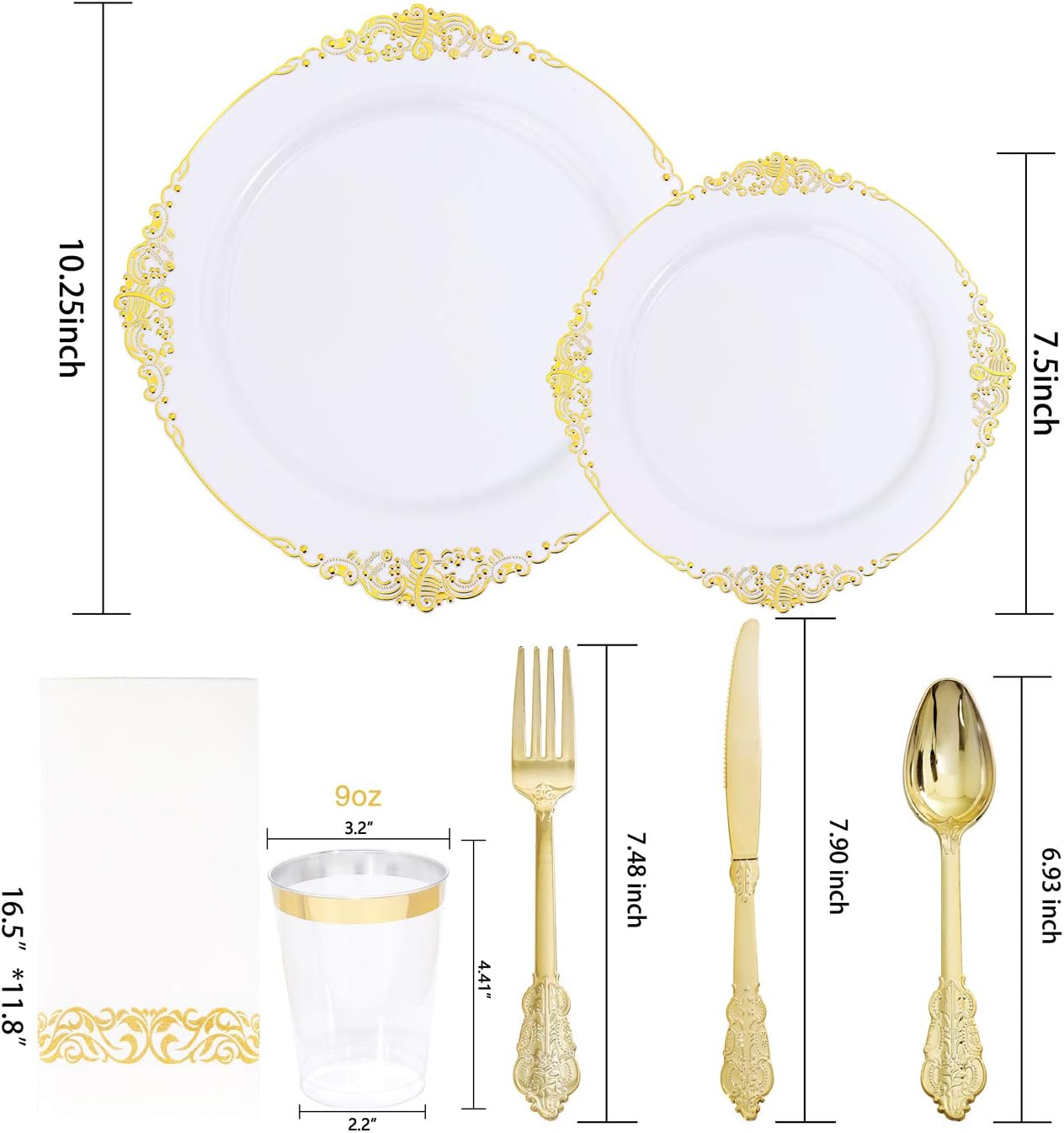 Nervure 175PCS White and Gold Plastic Plates Set