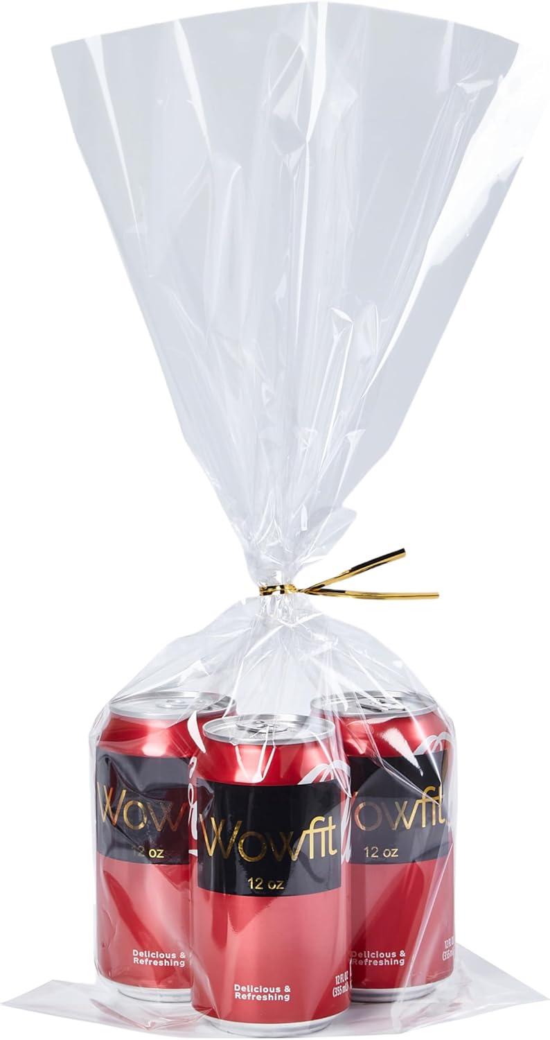 Wowfit 50 CT 9x20 Inch Clear Cellophane Bags with Gold Twist Ties