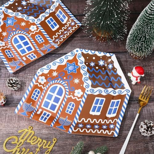 Whaline 24Pcs Hanukkah Paper Plates with Gingerbread House Design