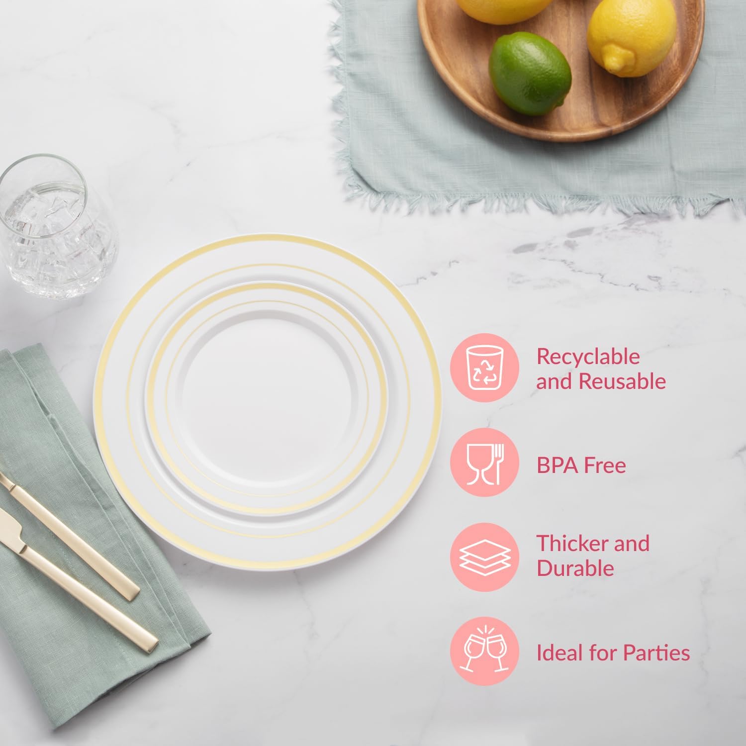 Prestee 50-Piece Gold Rimmed Plastic Plates Set