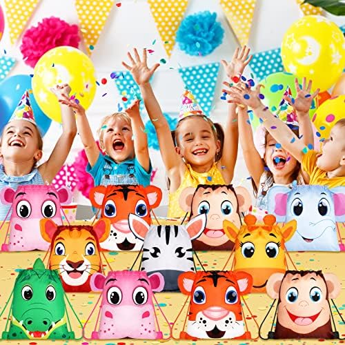 Hillban 16 Pcs Animal Drawstring Bags for Kids Party