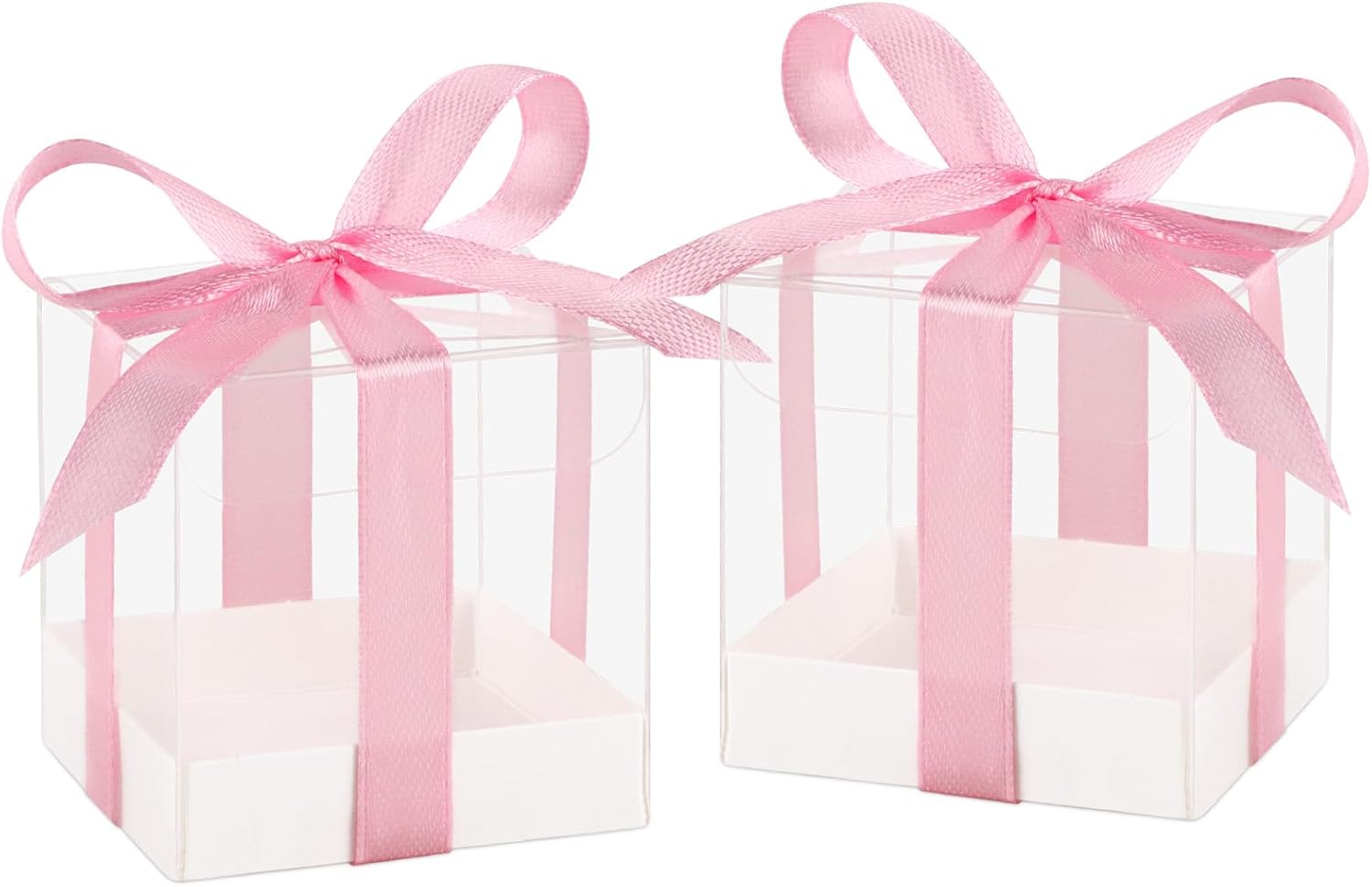Hxezoc 50 Pack Clear Candy Favor Boxes with Pink Ribbons 2x2x2 Inches
