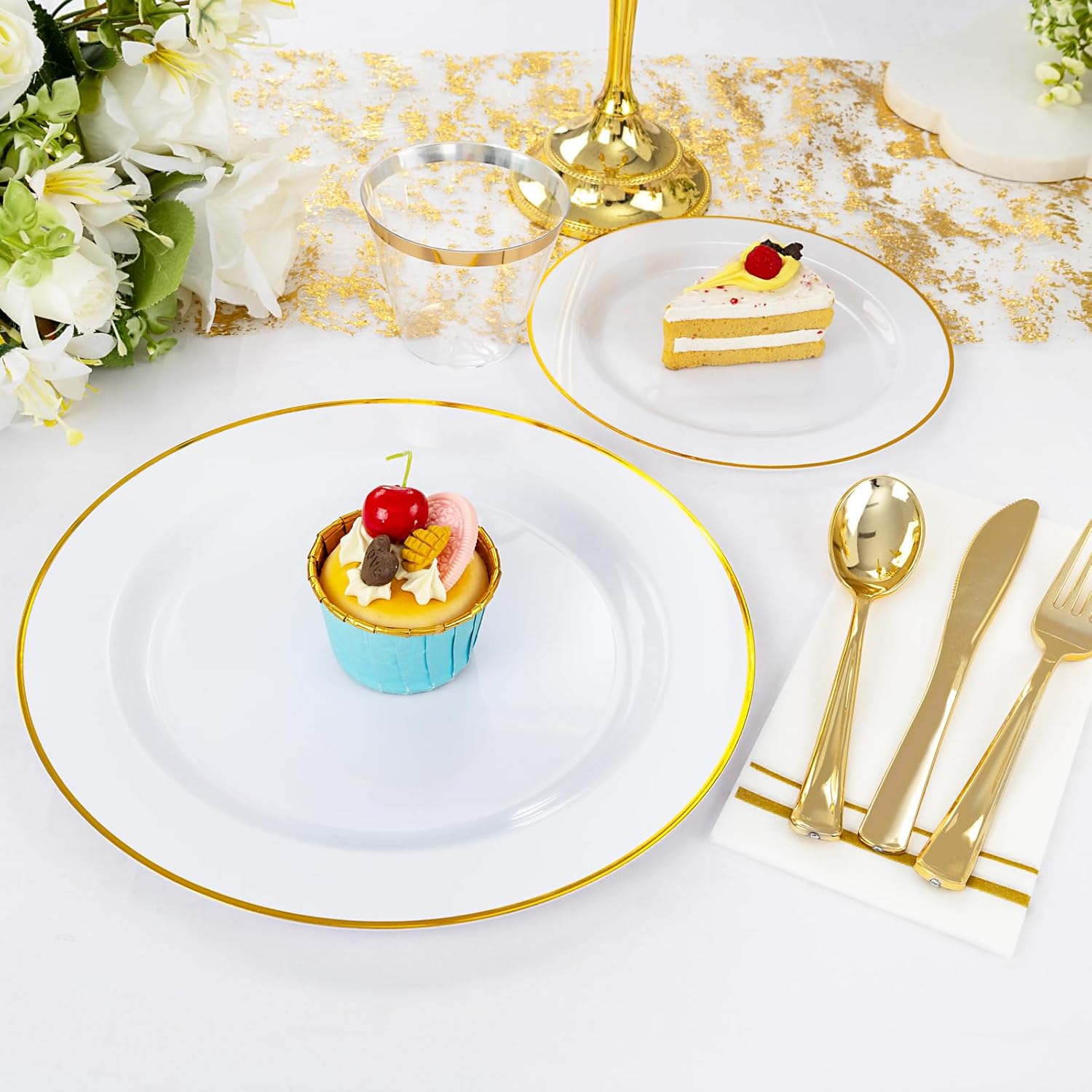 SUT 350 PCS White Gold Disposable Dinnerware Set for 50 Guests