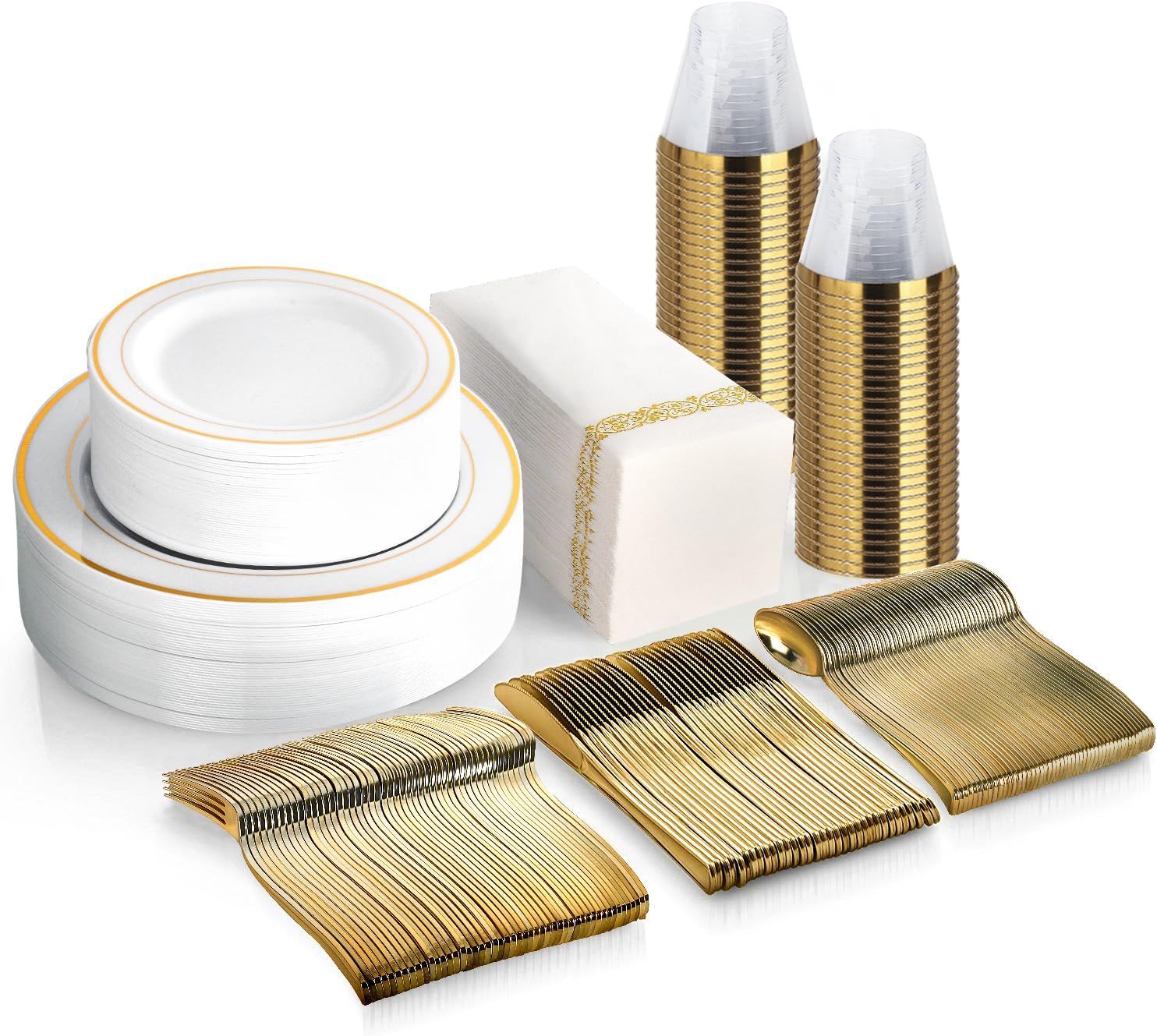 350 Piece Gold Dinnerware Set - 100 Plates 50 Silverware 50 Cups 50 Napkins