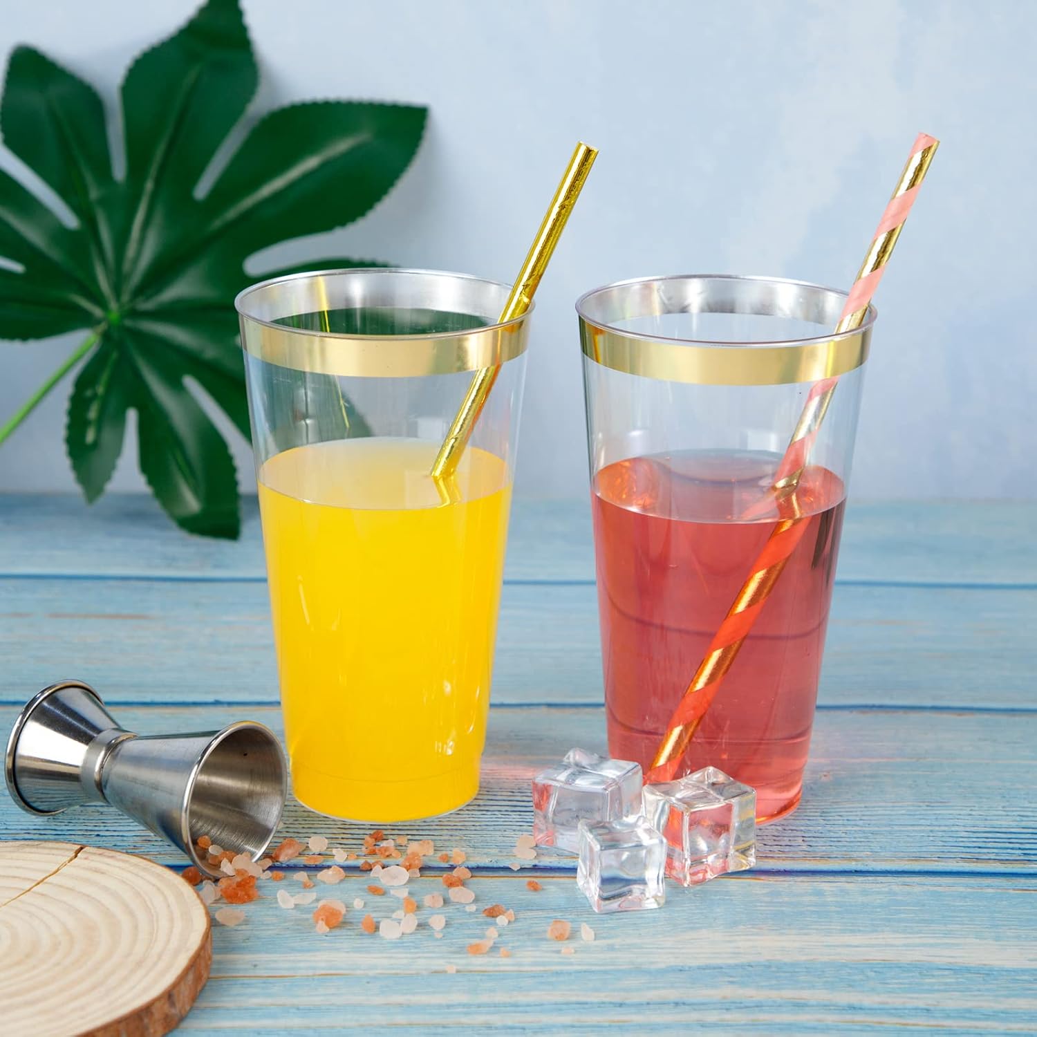LIYH 100 Pcs 16 Ounce Gold Rim Plastic Cups for Parties
