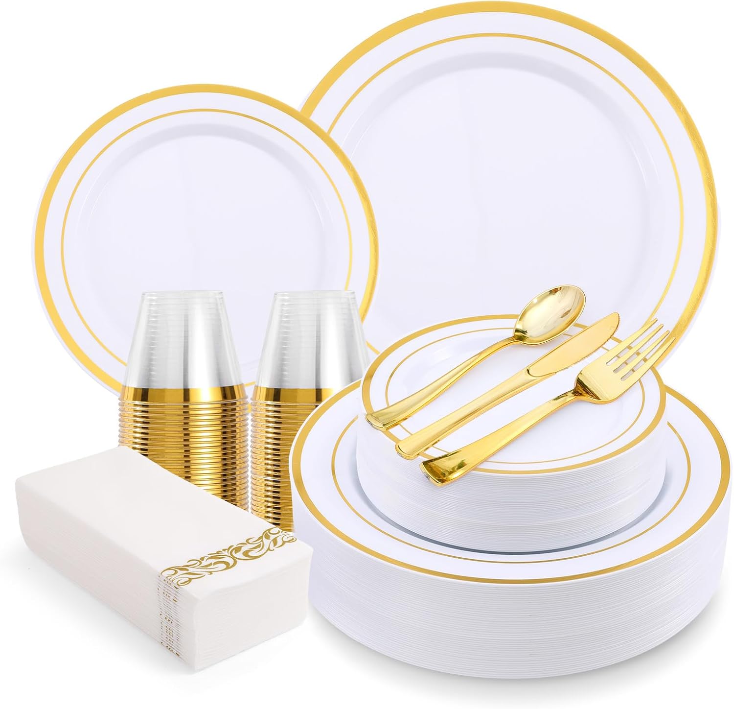 350-Piece Gold Rim Plastic Dinnerware Set for 50 Guests