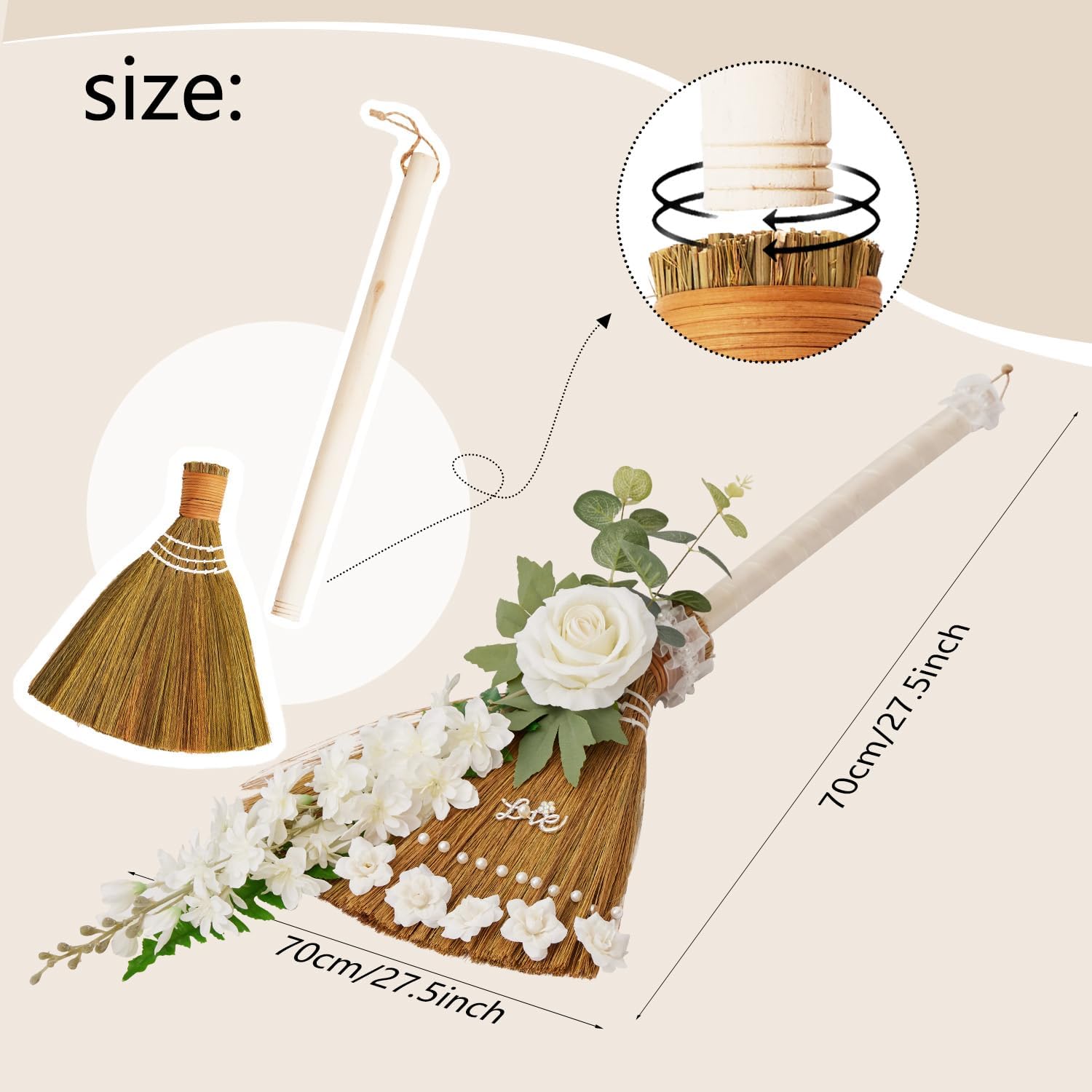 Yiytrees Wedding Broom DIY Kit with Artificial Roses and Ribbons