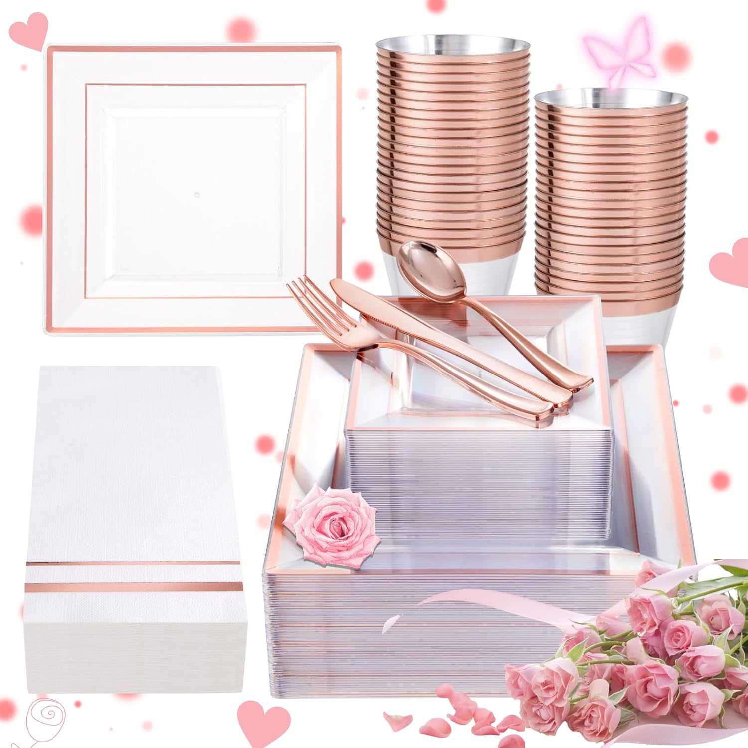 Festiva 350Pcs Rose Gold Plastic Plates Set for 50 Guests