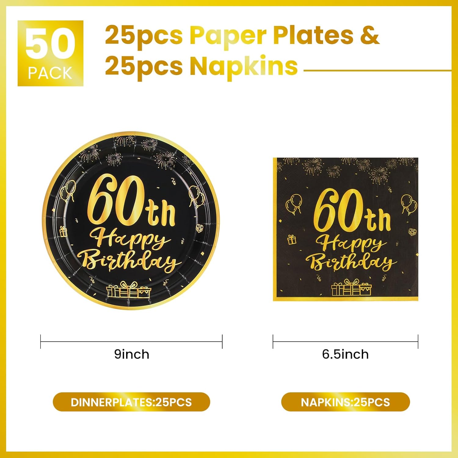 60th Birthday Plates And Napkins 50pcs 9 Black Party Decorations