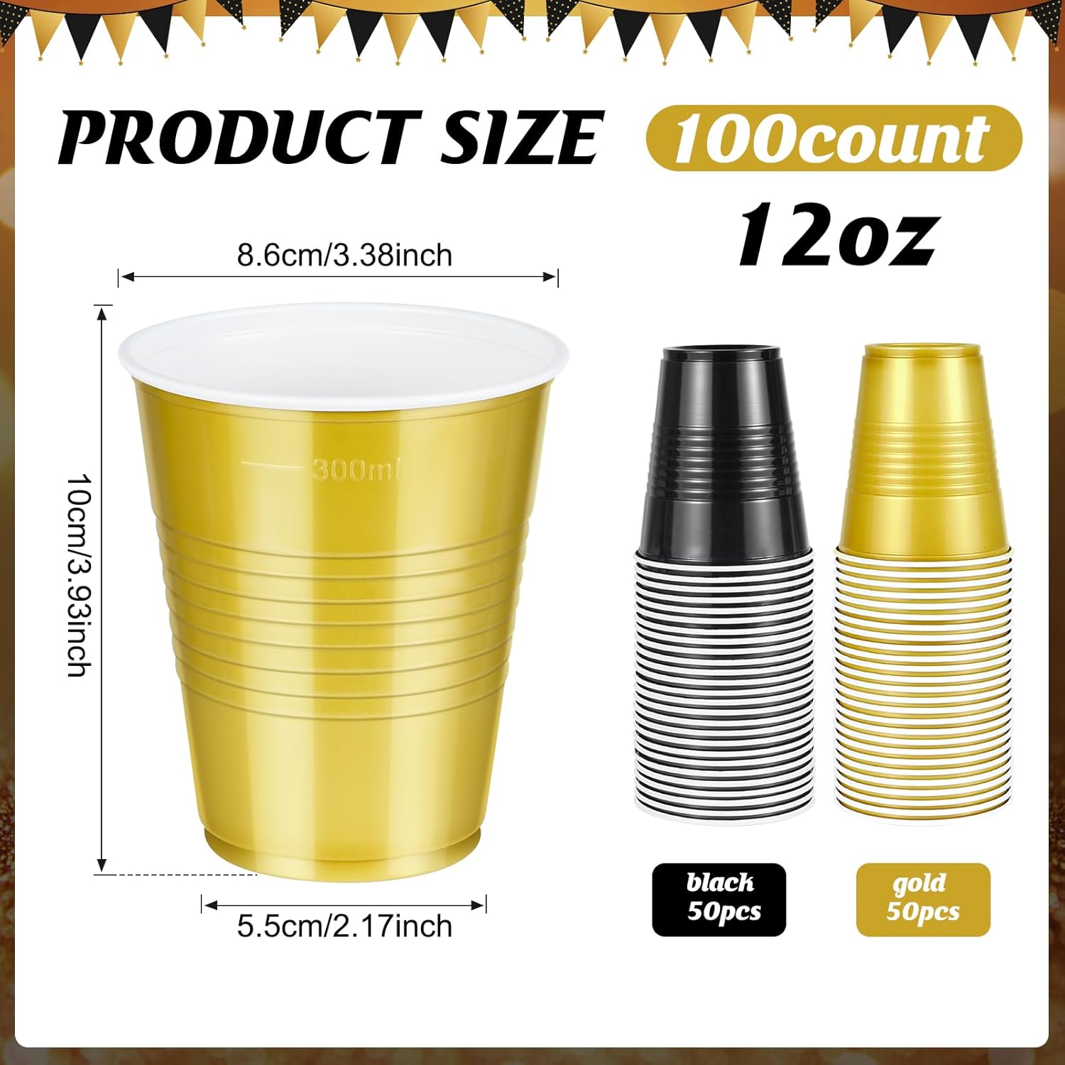 100 Pcs Black and Gold Plastic Cups 12 Oz for Party