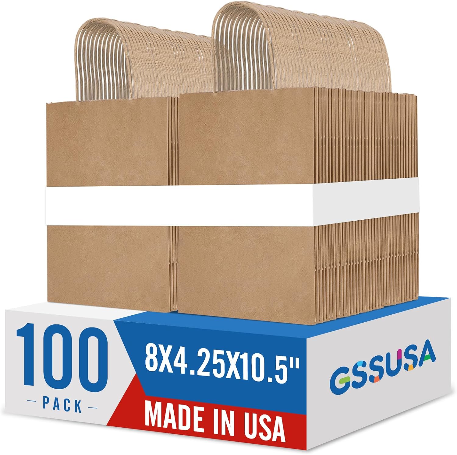 GSSUSA 100 Pack Brown Paper Bags with Handles Gift Wrapping