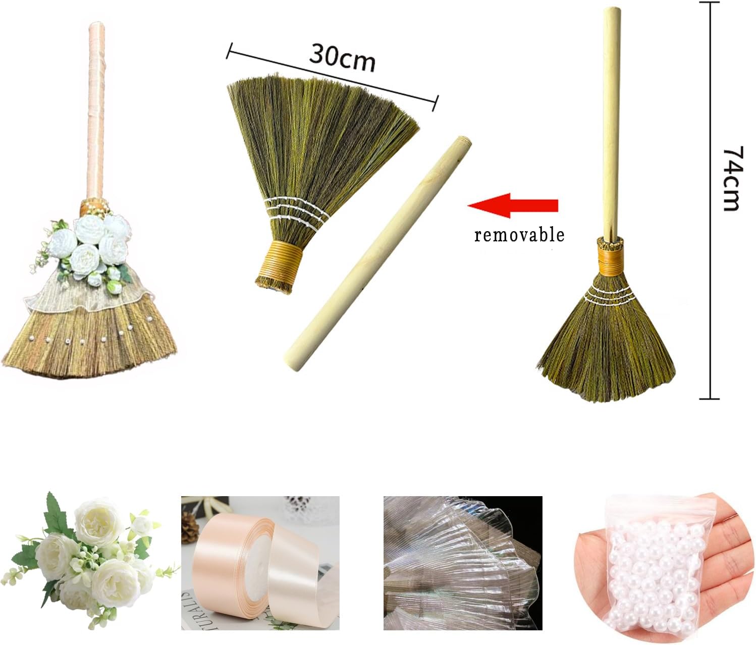 Wedding Broom DIY Kit with Ribbons and Pearls