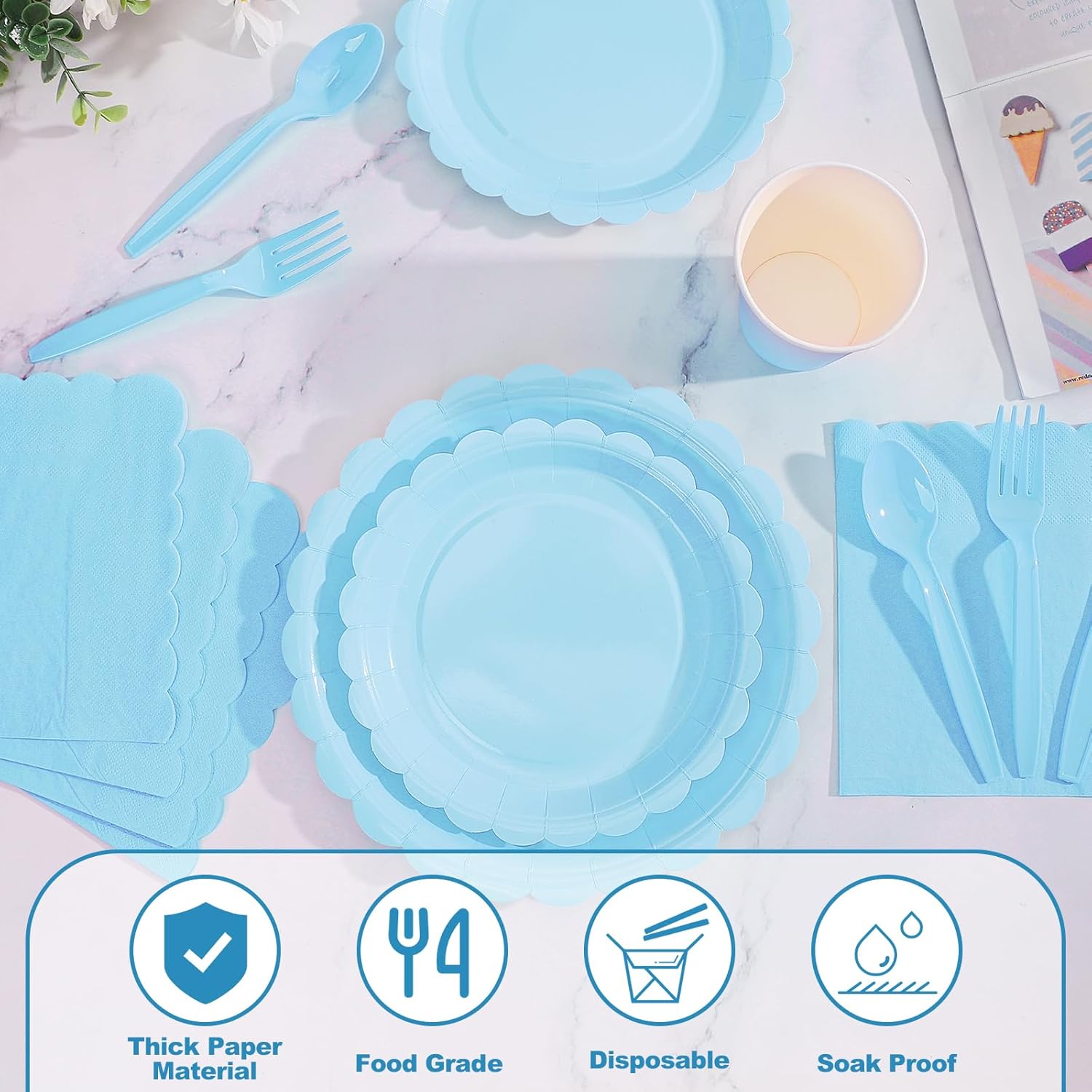 176 Pcs Light Blue Paper Plates and Napkins Set