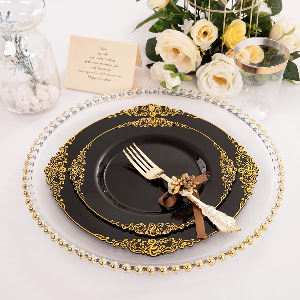Hioasis 350pcs Black and Gold Plastic Plates Set for 50 Guests