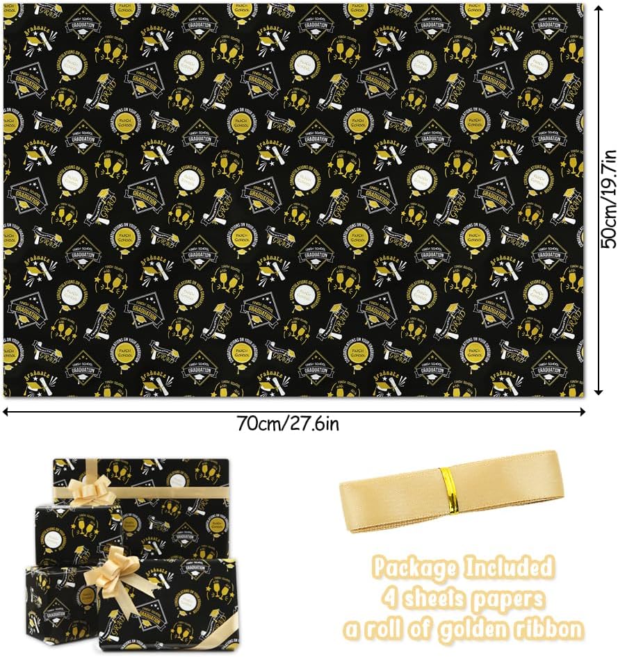 Boerni Graduation Gift Wrap Paper Black Gold