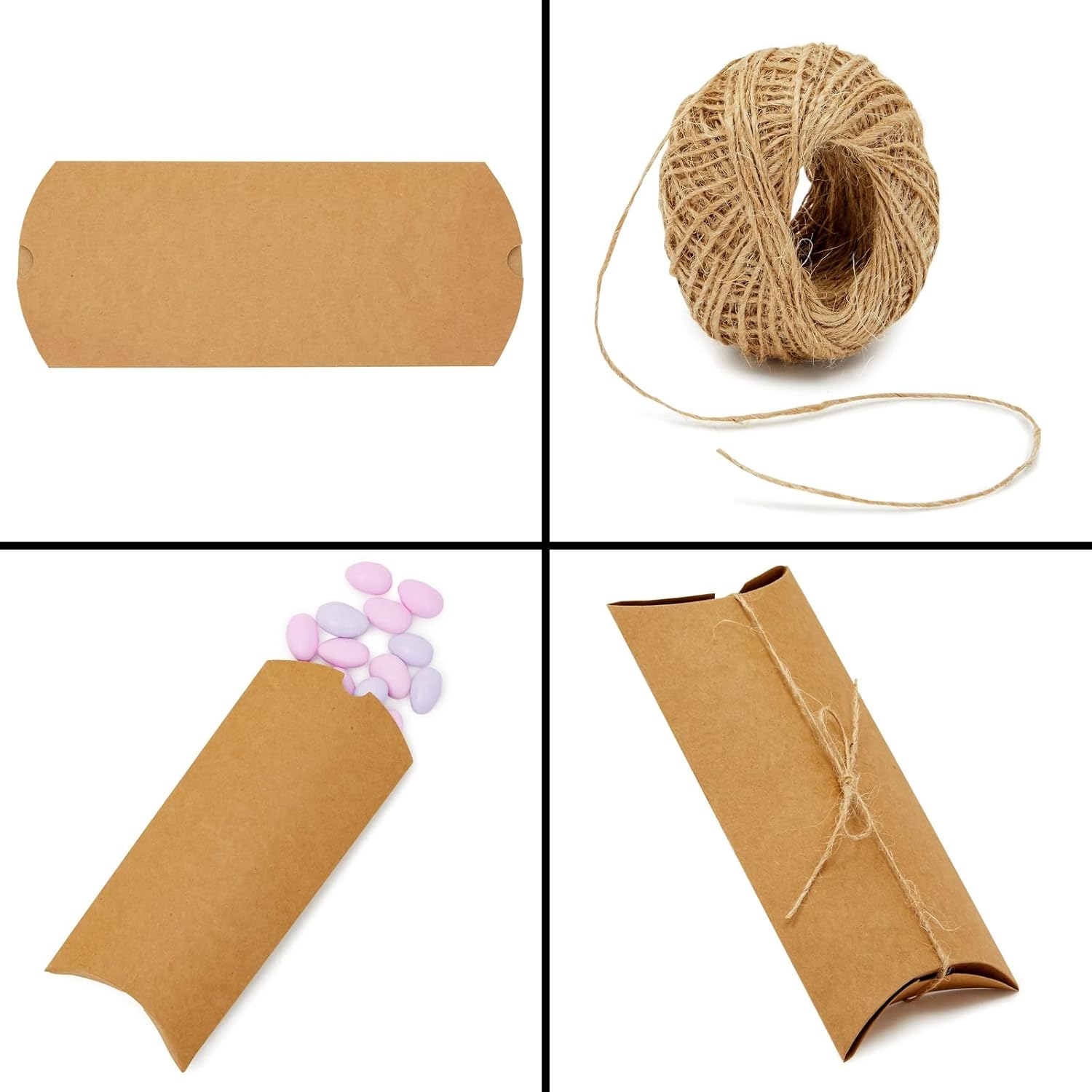 100 Pack Pillow Boxes with Jute Twine for Gifts