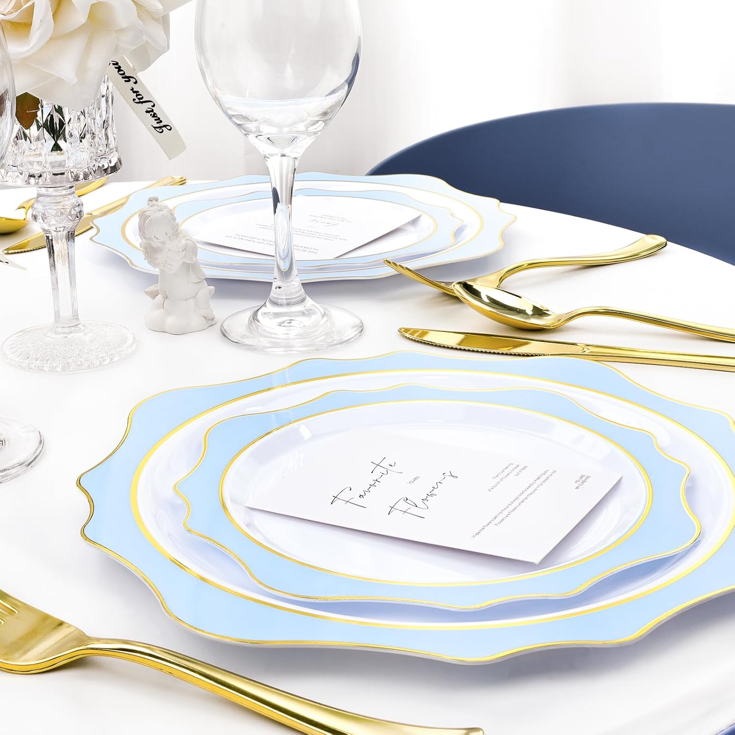 100 PCS White Blue Disposable Plates for 50 Guests Party Wedding Graduation