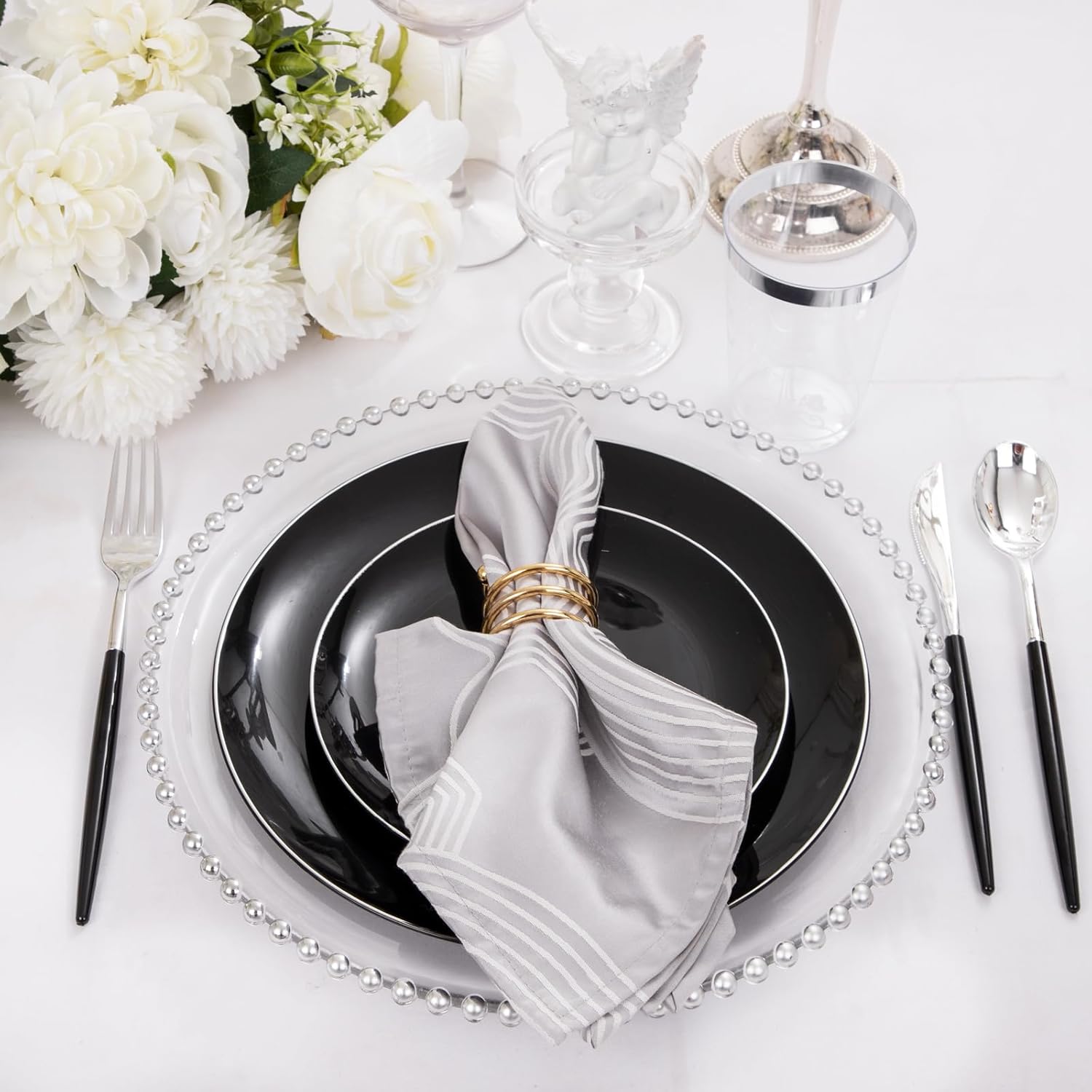 DaYammi 30 Guests Black Plastic Plates Set with Silverware for Events