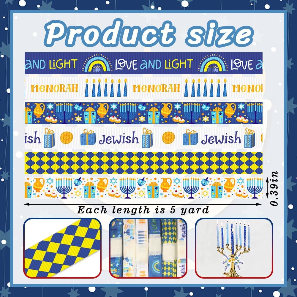 ALIBBON Hanukkah Grosgrain Ribbons 6 Rolls 30 Yards