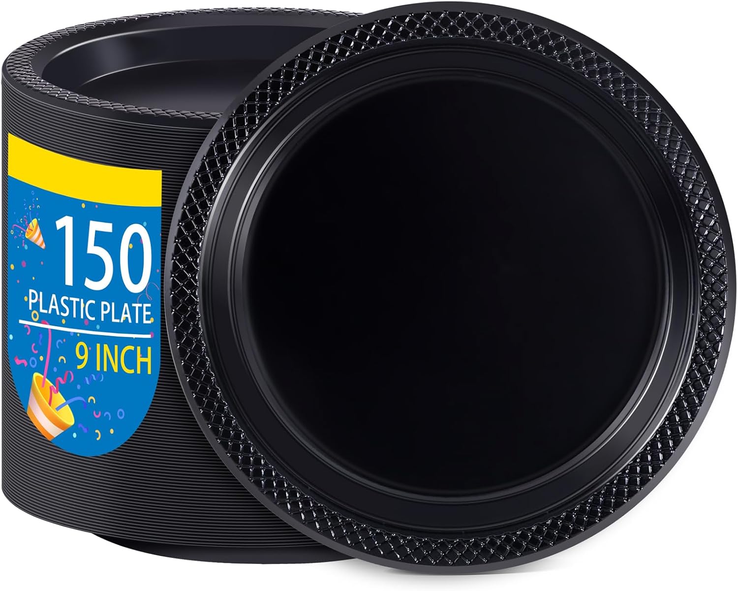WELLIFE 9 Inch Black Plastic Plates 150 Count