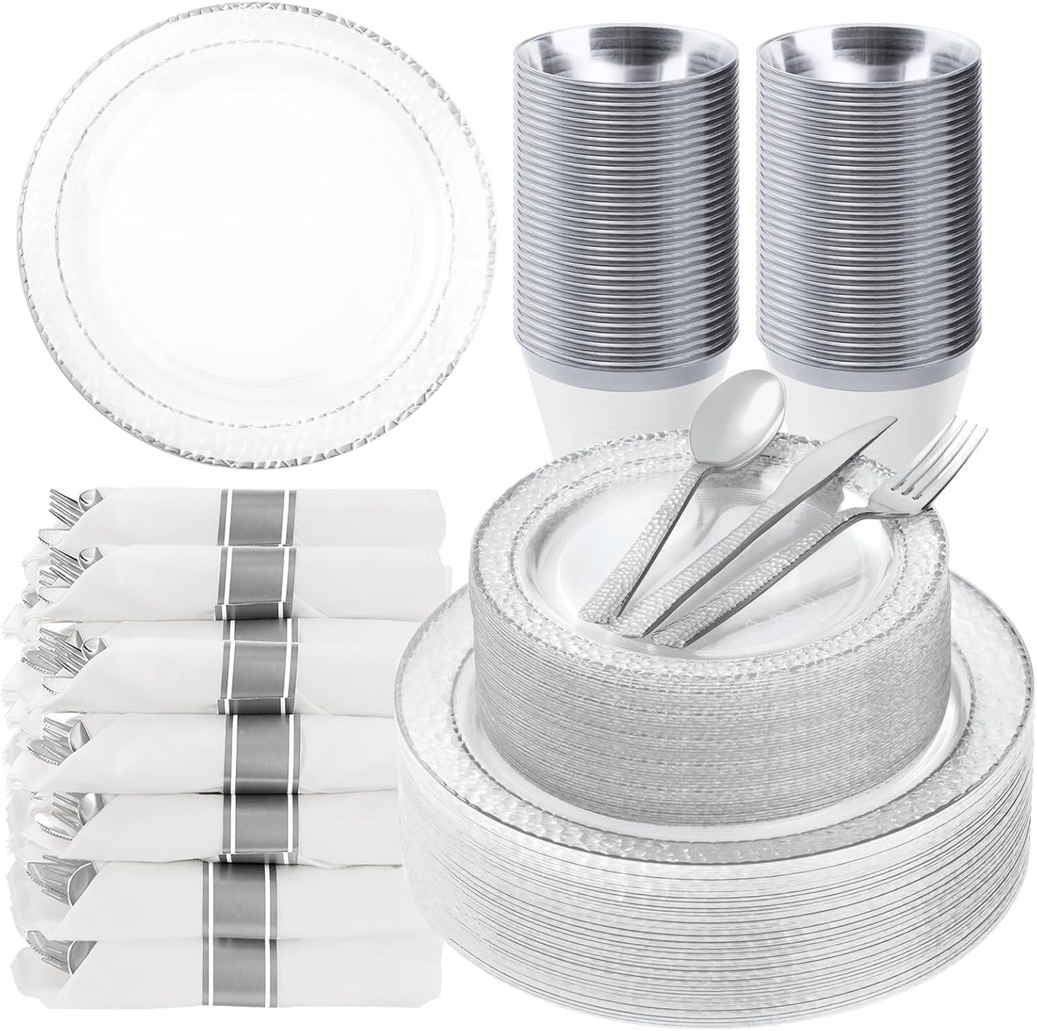 350PCS Clear Plastic Plates with Silver Trim for 50 Guests