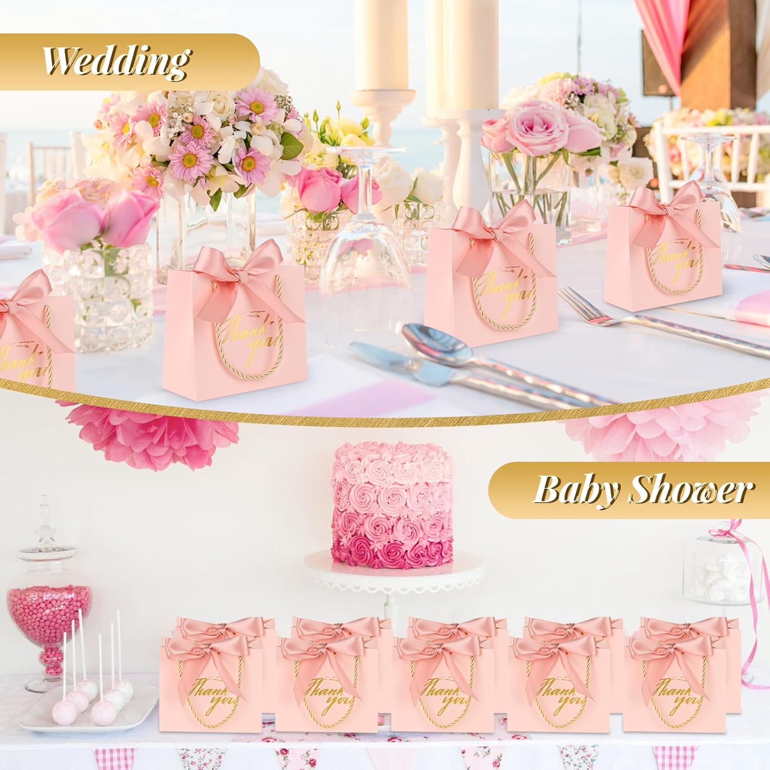 Mauproy 20 Pack Mini Pink Thank You Gift Bags with Handles and Ribbons
