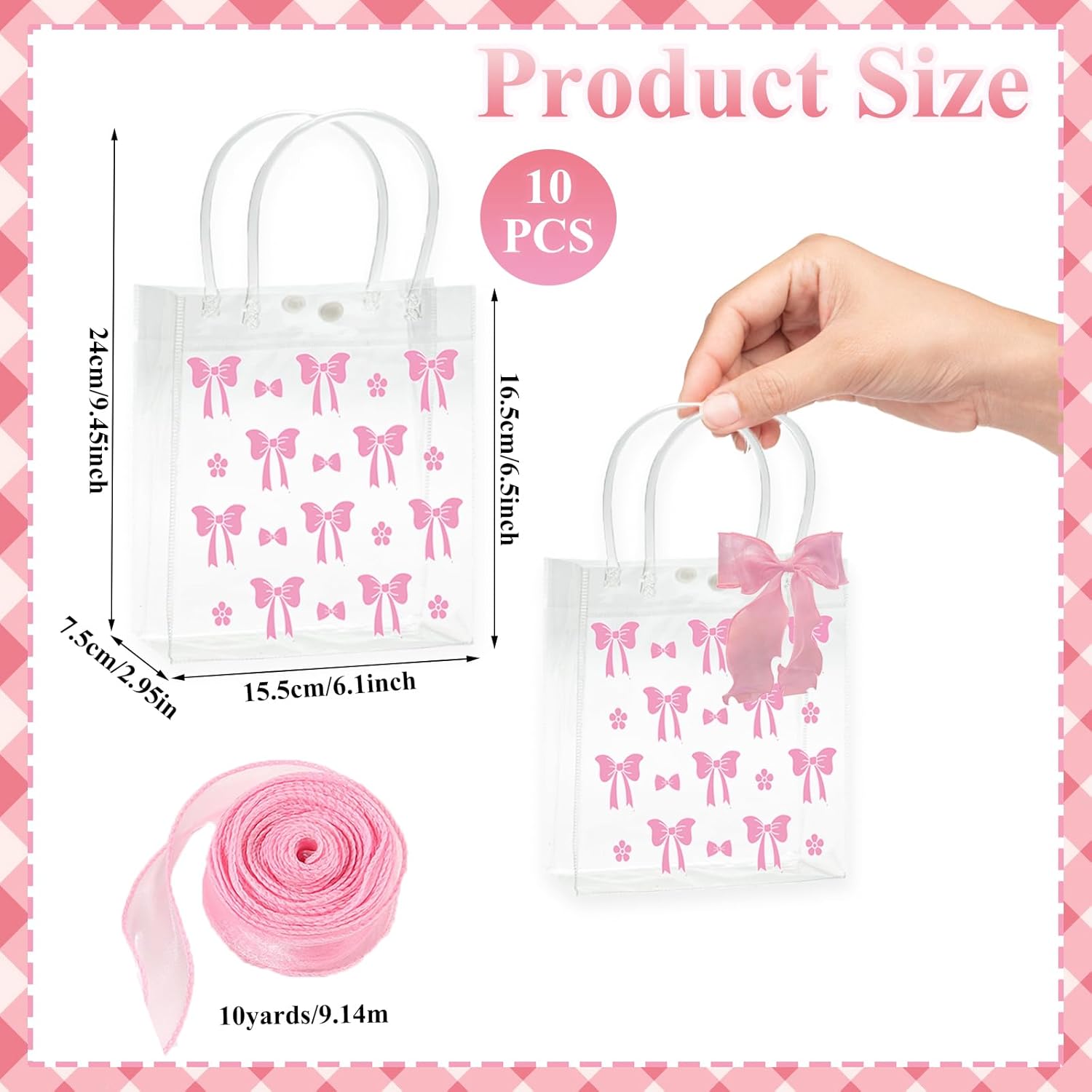 Lyosehy 10 Pcs Pink Bow Clear PVC Gift Bags with Handle Ribbon