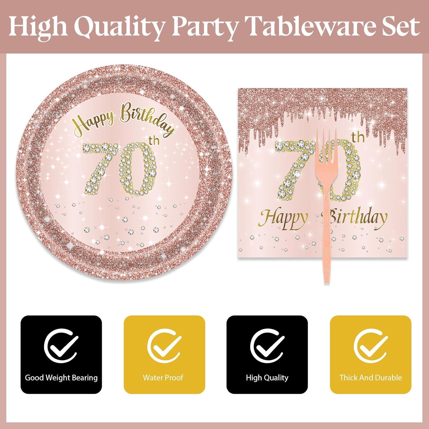 72 Pcs Rose Gold 70th Birthday Party Plates and Napkins Set