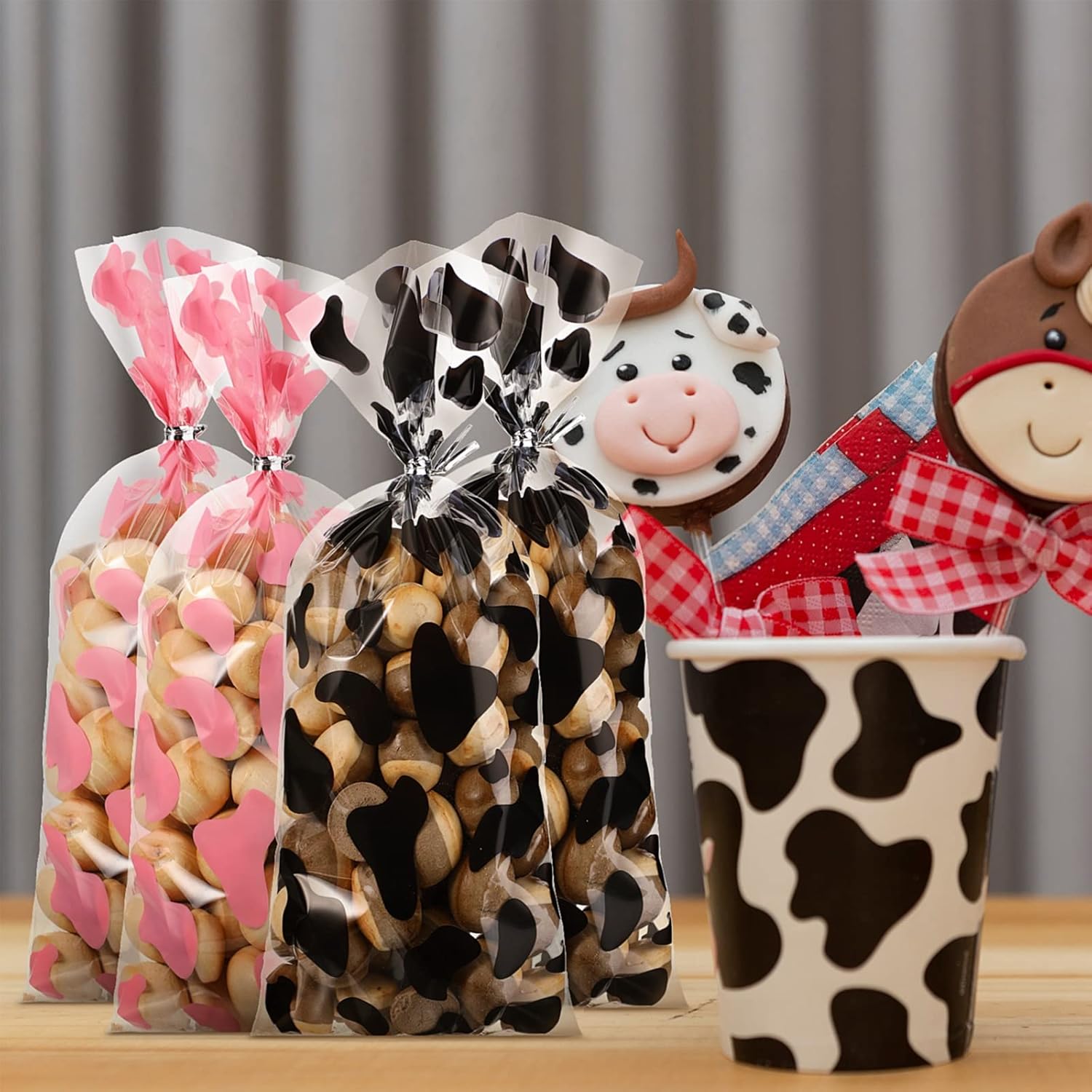 100 Pcs Cow Print Goodie Bags with Twist Ties