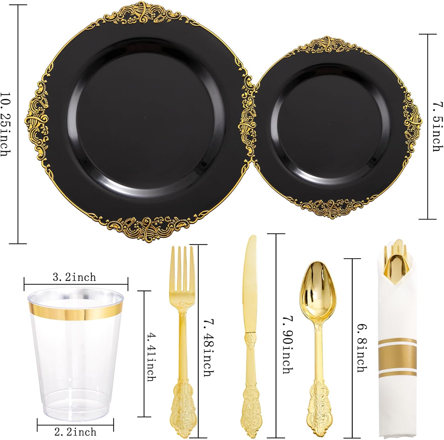 Hioasis 350pcs Black and Gold Plastic Plates Set for 50 Guests
