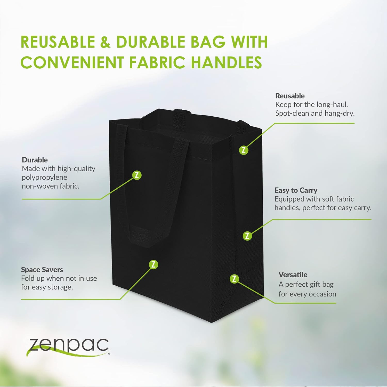 Zenpac Reusable Black Gift Bags with Handles 8x4x10 12 Pack