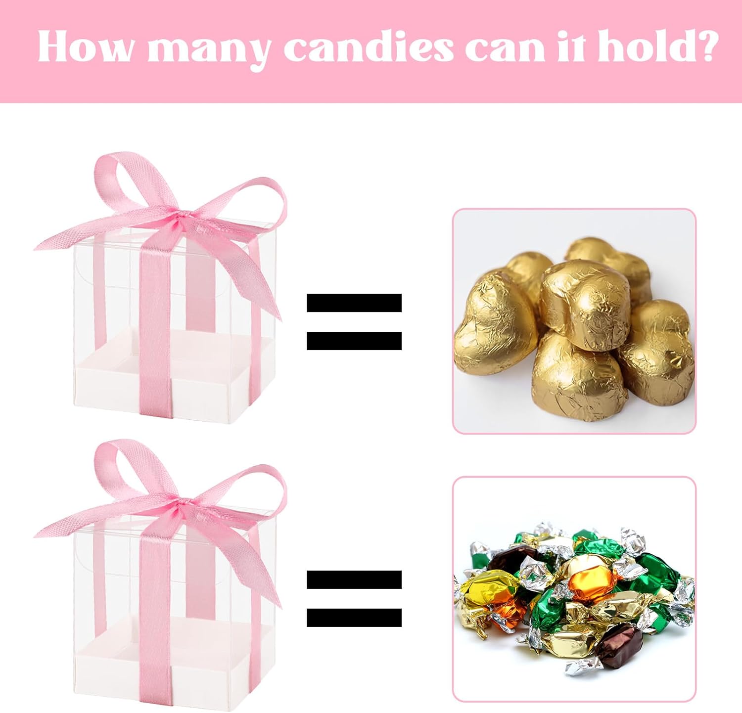 Hxezoc 50 Pack Clear Candy Favor Boxes with Pink Ribbons 2x2x2 Inches