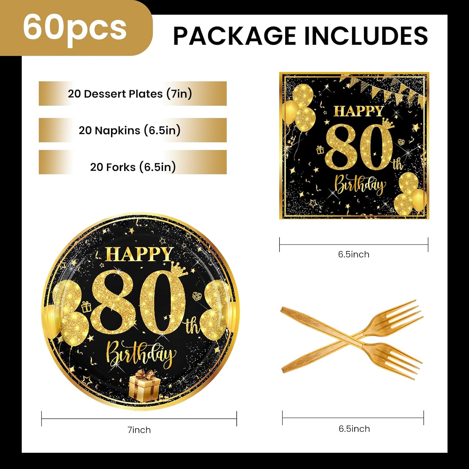 80th Birthday Paper Plates Napkins Forks 60pcs Set