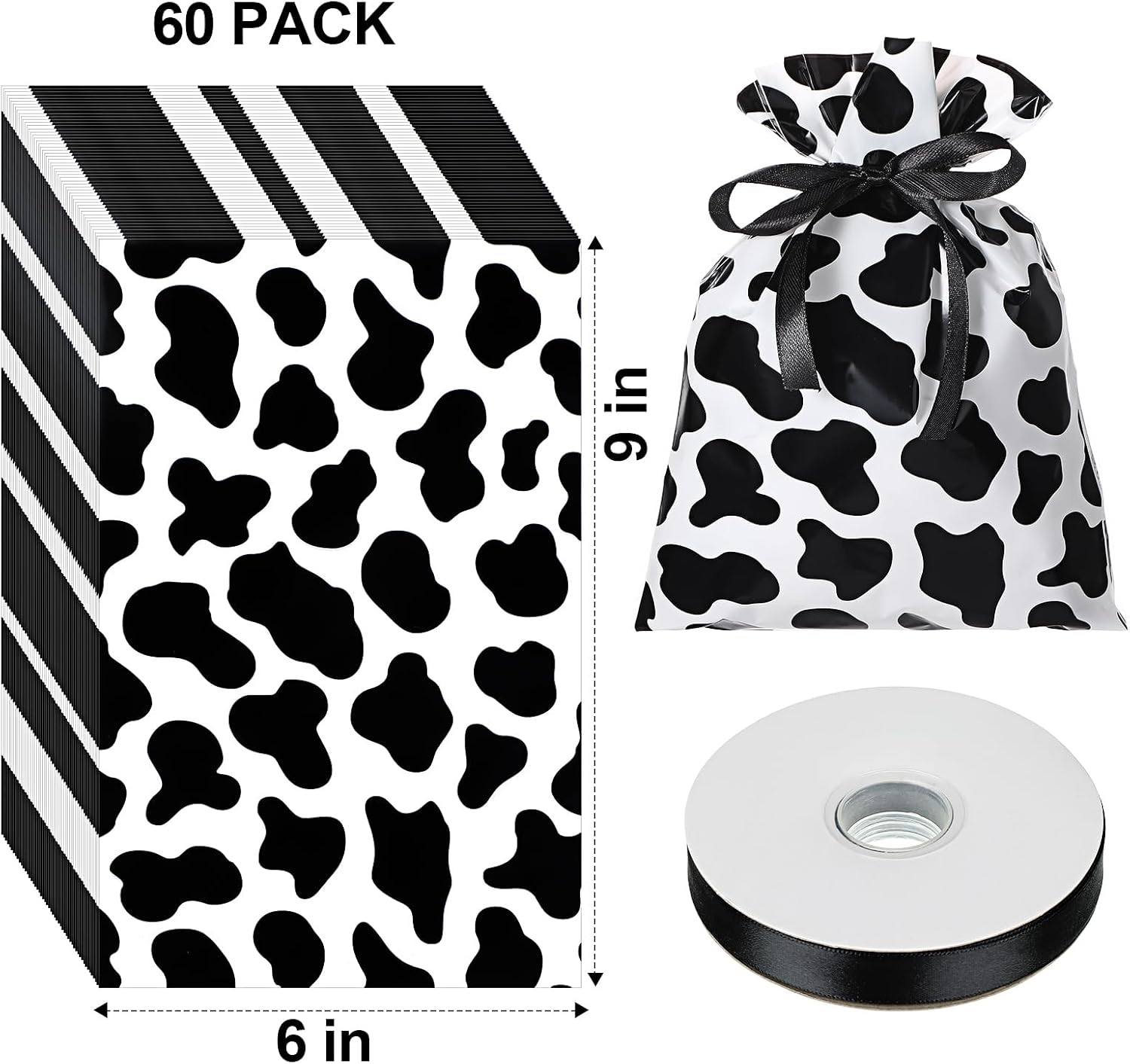 Tinlade 60 Piece 6x9 Inch Cow Cellophane Bags with 25 Yard Ribbon